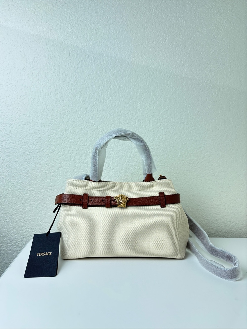 Versace Cream Tote with Brown Leather Strap and Gold Medusa Detail - Picture 3 of 9